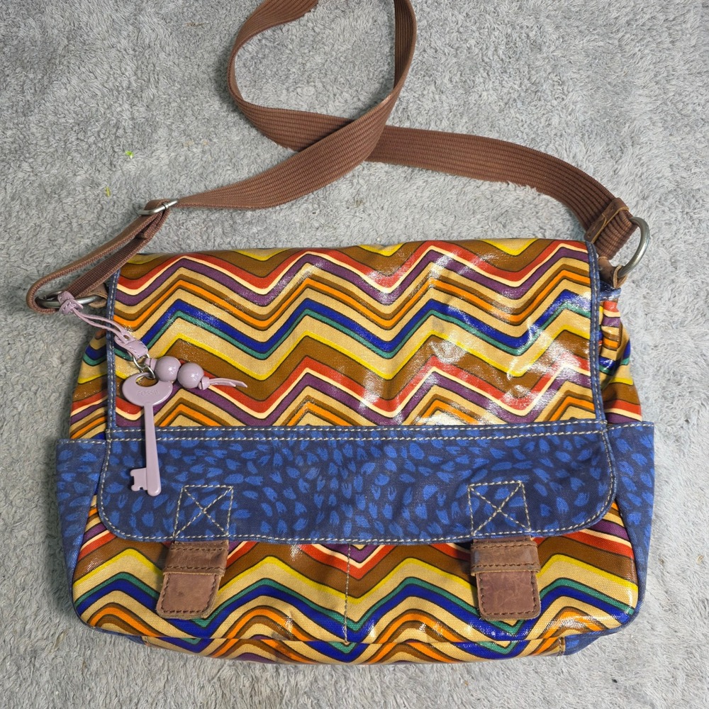Fossil KeyPer Messenger Laptop Bag Blue Orange Zig Zag Coated Canvas Key Fob
